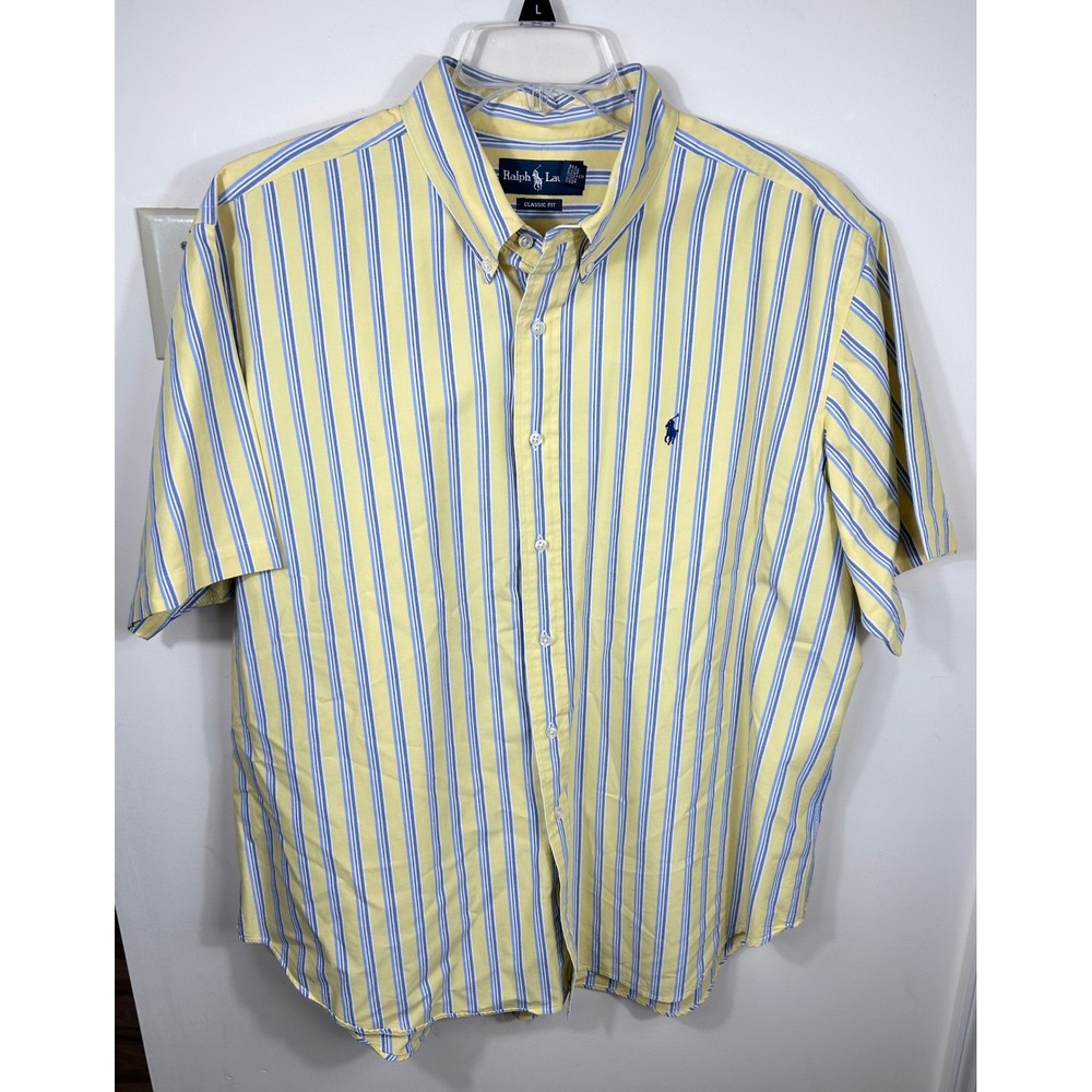 Ralph Lauren Oxford Shirt Mens XXL Yellow Blue‎ Stripes Classic Fit Blue Pony